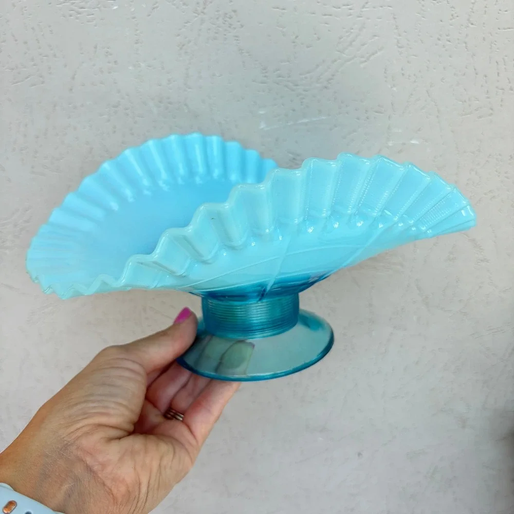 Vintage Blue Opalescent Ruffled Glass Compote Bowl Footed Candy Dish 9.5 Inch